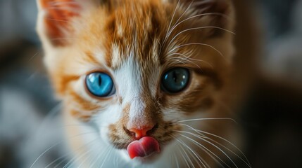 A Cute Kitten with Mesmerizing Blue Eyes and a Playful Red Nose