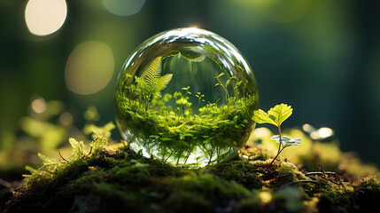 Earth Day: Environment - Green Globe in a Forest with Moss and Defocused Abstract Sunlight