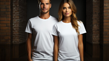 Fototapeta premium Blank White T-Shirt Mockup: Young Girl and Man in Couple Pose for Design