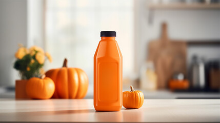 Tasty pumpkin juice in glass bottle and pumpkins on white wooden table. 