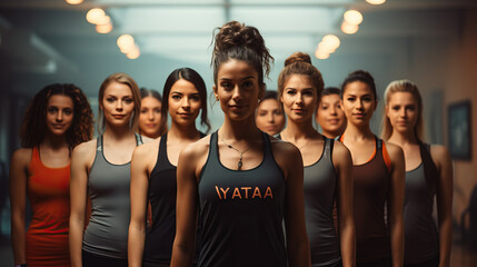 Yoga Instructor Leading a Group of Women in a Fitness Studio, Promoting Healthy Lifestyle, Strength Exercise, and a Harmonious Yoga Class