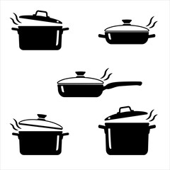 Pot and cooking pan icon set. Saucepan with boiling soup. Cooking , Roasting food. Boiling pot vector illustration isolated on white background. Black cookware silhouette set