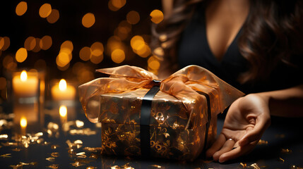 Fototapeta na wymiar Woman in a Black Elegant Dress Holding a Present Gift Box Adorned with a Golden Ribbon, Against a Stylish Black Background with Glistening Gold Bokeh