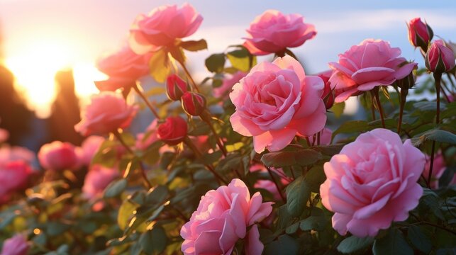 Enchanting Garden Symphony: Mesmerizing Pink Roses Dance in the Sunset's Warm Embrace - A Captivating Worm's Eye View with Back Lighting