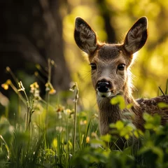 Raamstickers deer in the meadow, close up, portrait, roe deer, eyes, careful, alert,   © Jasenko