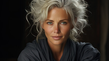 Studio Portrait of an Exquisitely Beautiful Senior Woman, Graced with Grey Hair and Mesmerizing Blue Eyes