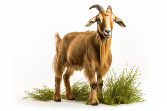 Golden Guernsey Goat standing on a white background. Animal side portrait.	