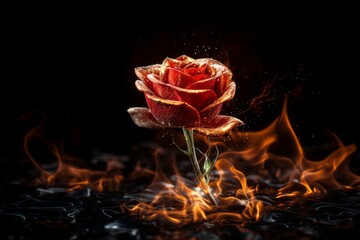 Fiery Elegance: Mesmerizing Rose Engulfed in Dazzling Flames on a Dark Canvas