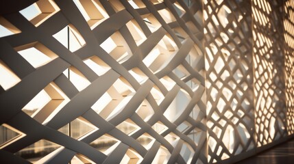 Architectural Elegance: Sunlit Shadows Dance on Intricate Lattice Patterns of Modern Building - Captivating Stock Image