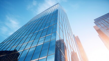 Fototapeta na wymiar Reflective Elegance: Captivating Geometric Patterns of a Modern Skyscraper Embracing the Sun's Radiance