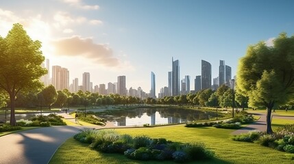 Golden Hour Serenity: Nature's Dance with the Urban Skyline in a Captivating City Park