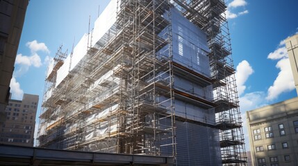 Fototapeta premium Urban Metamorphosis: Captivating Skyscraper Under Repair Unveils City's Ever-Evolving Facade