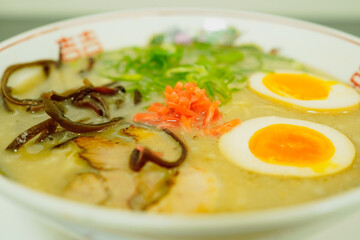 Closeup of Tonkotsu (pork) ramen originated in Fukuoka, Kyushu Hakata Ramen	