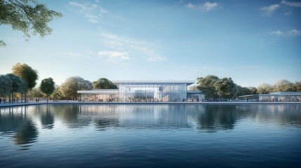 Fototapeta premium Urban Serenity: Reflective Waters Embrace Modern Marvels, Evoking Peace in the Cityscape