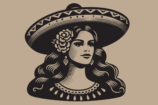 Portrait of a beautiful Mexican woman in traditional dress. Simple black vector illustration