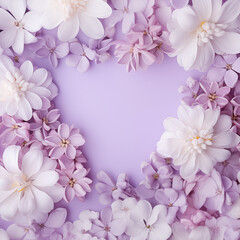  Frame of flowers on a lilac background. Spring composition with copy space. Design for Women's Day, Easter and Valentine's Day