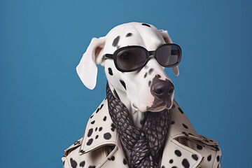 A portrait of a funky anthropomorphic dalmatian dog wearing jacket, scarf and sunglasses on the blue background. National Dress Up Your Pet Day