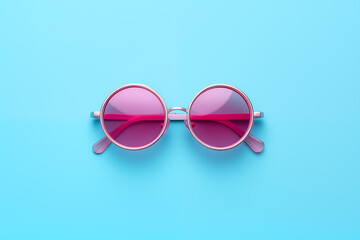 Summer pink glasses on a blue background, top view.Romantic and cute design, Valentine's day, retro, romance. Place for text