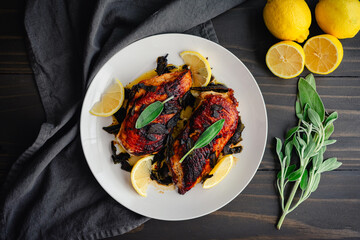 Chicken Breasts with Fresh Sage Topped with Lemon-Olive Oil Sauce: A plate of pan-fried chicken breasts and fresh sage served with a citrus garnish