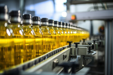 Automatic conveyor line for bottling sunflower oil at a plant or factory for the production of drinks, modern computerized industrial equipment. Plant for the production of vegetable oil.