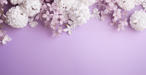 Banner with a frame of flowers on a lilac background. Spring composition with copyspace. Design for Women's Day, Easter and Valentine's Day