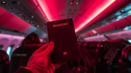 hand holding a mock-up of a passport on a blurred background of an airplane cabin with red backlight. travel and vacation concept  - obrazy, fototapety, plakaty