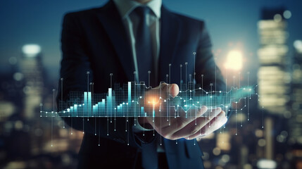 Ascend in finance: A businessperson with a white piggy bank symbolizes growth, savings, and retirement, set against a cityscape in elegant blue and white tones