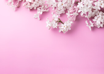 Banner with a frame of flowers on a pink background. Spring composition with copyspace. Design for Women's Day, Easter and Valentine's Day