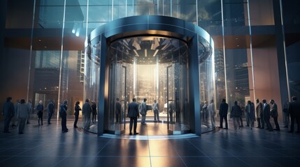 Gateway to Success: Dynamic Corporate Life in Motion - Revolving Door of Opportunities - obrazy, fototapety, plakaty