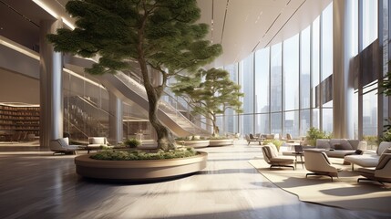 Opulent Oasis: Luxurious Skyscraper Lobby with Expansive Atrium - A Captivating Haven of Elegance and Space