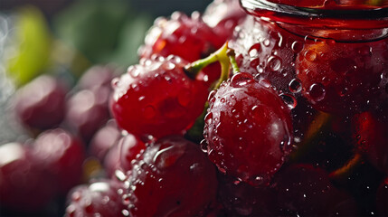 close-up of red grape berries with water drops on it. 