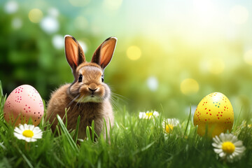 Easter eggs and rabbit with flowers on green grass background. Easter card and background for social media. Generative AI