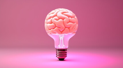 Brilliant Ideas Illuminated: Empowering Minds with a Glowing Brain in a Vibrant Light Bulb on a Playful Pink Background