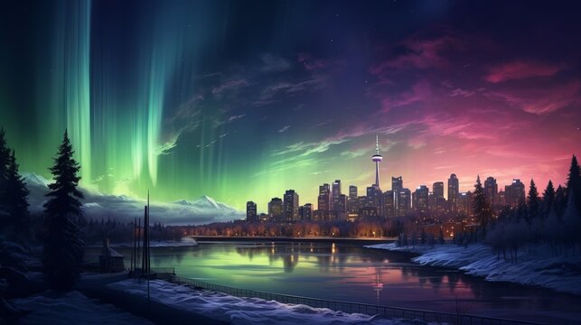 Urban Symphony: Twilight Cityscape Embraces Celestial Aurora Borealis, Captivating the Soul with Harmonious Beauty