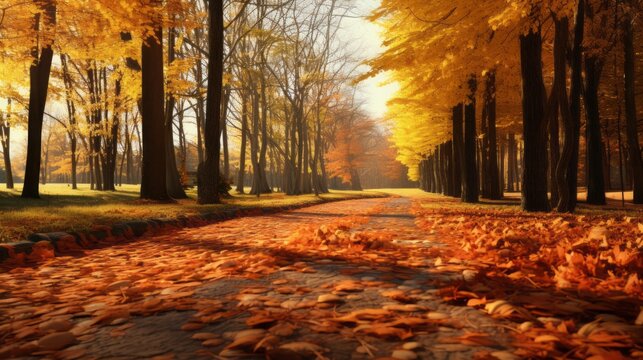 Enchanting Autumn Pathway: A Kaleidoscope of Vibrant Leaves Embraces the Season's Splendor