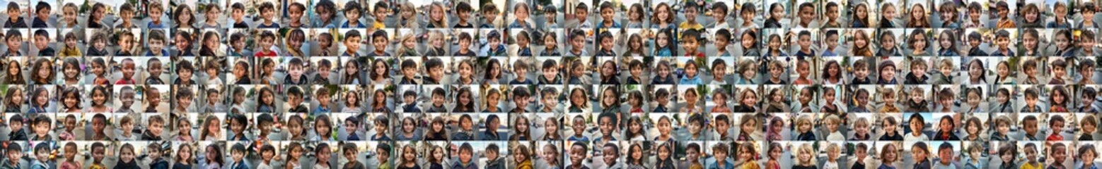 composite portrait of children of different cultures headshots, including all ethnic, racial, and geographic types of children in the world outside a city street - obrazy, fototapety, plakaty