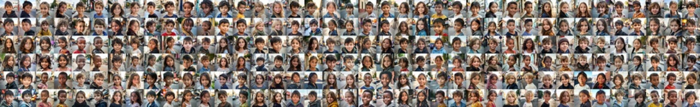 Fototapeta composite portrait of children of different cultures headshots, including all ethnic, racial, and geographic types of children in the world outside a city street