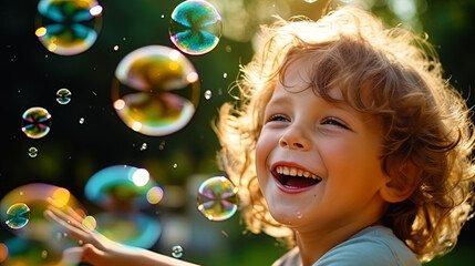 A boy playing with colored soap bubbles smiles cheerfully