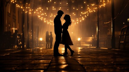 Enchanting Love: Mesmerizing Silhouette of a Dancing Couple Embraced by the Night's Glow on a Serene Street