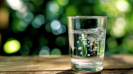 Glass of clean water on blurred green background.