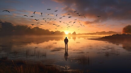 Mystical Dawn: Serene Reflections of Nature's Awakening - Stock Image of a Tranquil Lake at Sunrise with Enchanting Mist and Graceful Birds in Flight