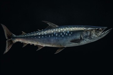 Illustration of a large, dark-blue Spanish mackerel wahoo fish on a background. Realistic. Generative AI - obrazy, fototapety, plakaty