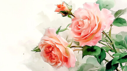Pink delicate roses on white. Watercolor painting.