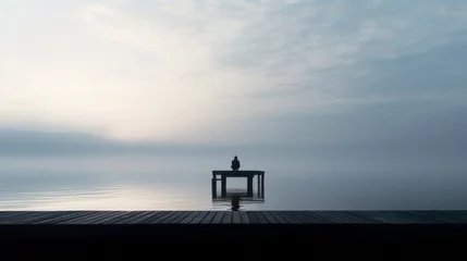 Papier Peint photo autocollant Descente vers la plage Tranquil Serenity: Misty Morning Meditation on a Pier - Captivating Stock Image of a Silhouette Embracing Peace and Stillness amidst Calm Waters