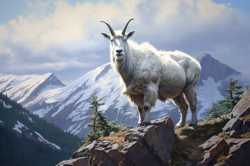 Mountain Goat standing in a mountain landscape. Animal side portrait.	