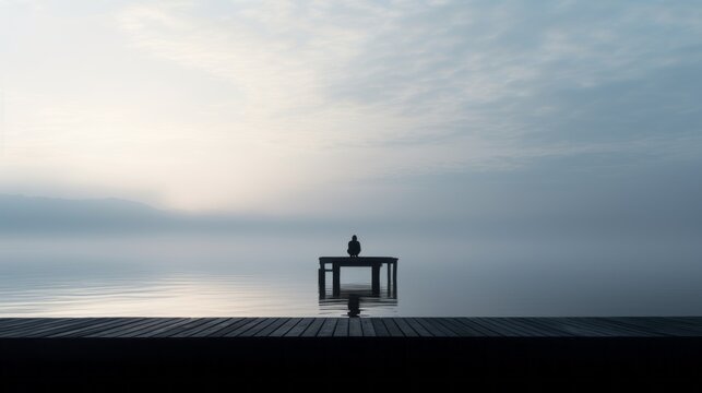 Tranquil Serenity: Misty Morning Meditation on a Pier - Captivating Stock Image of a Silhouette Embracing Peace and Stillness amidst Calm Waters