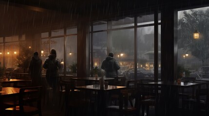 Naklejka premium Rainy Day Bliss: Cozy Café Haven with Silhouetted Patrons Embracing the Serenity of a Stormy Atmosphere