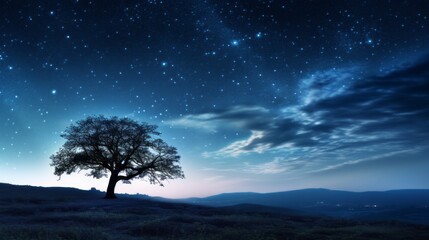 Fototapeta na wymiar Solitude's Symphony: Majestic Lone Tree Silhouette on Hilltop Under a Starry Night Sky - A Captivating Image of Contemplation and Serenity