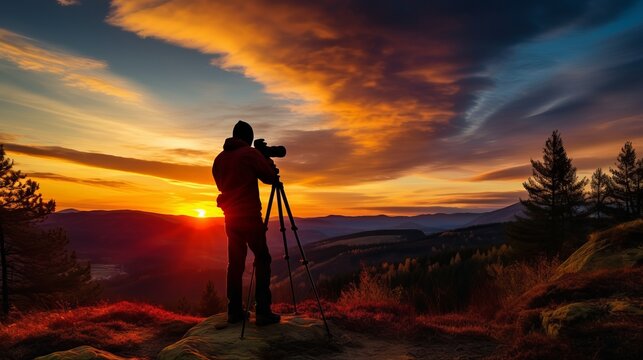 Golden Hour Glory: Silhouette Photographer Capturing Majestic Sunset with Tripod-mounted Camera, Embracing the Vibrant Colors of Dusk Sky