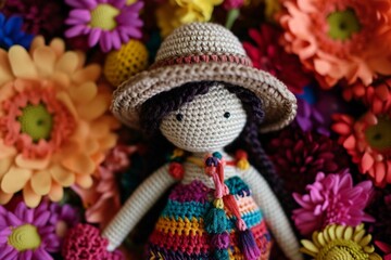 the joyous simplicity of a handmade crochet doll framed by vibrant flowers against a solid, harmonious backdrop.